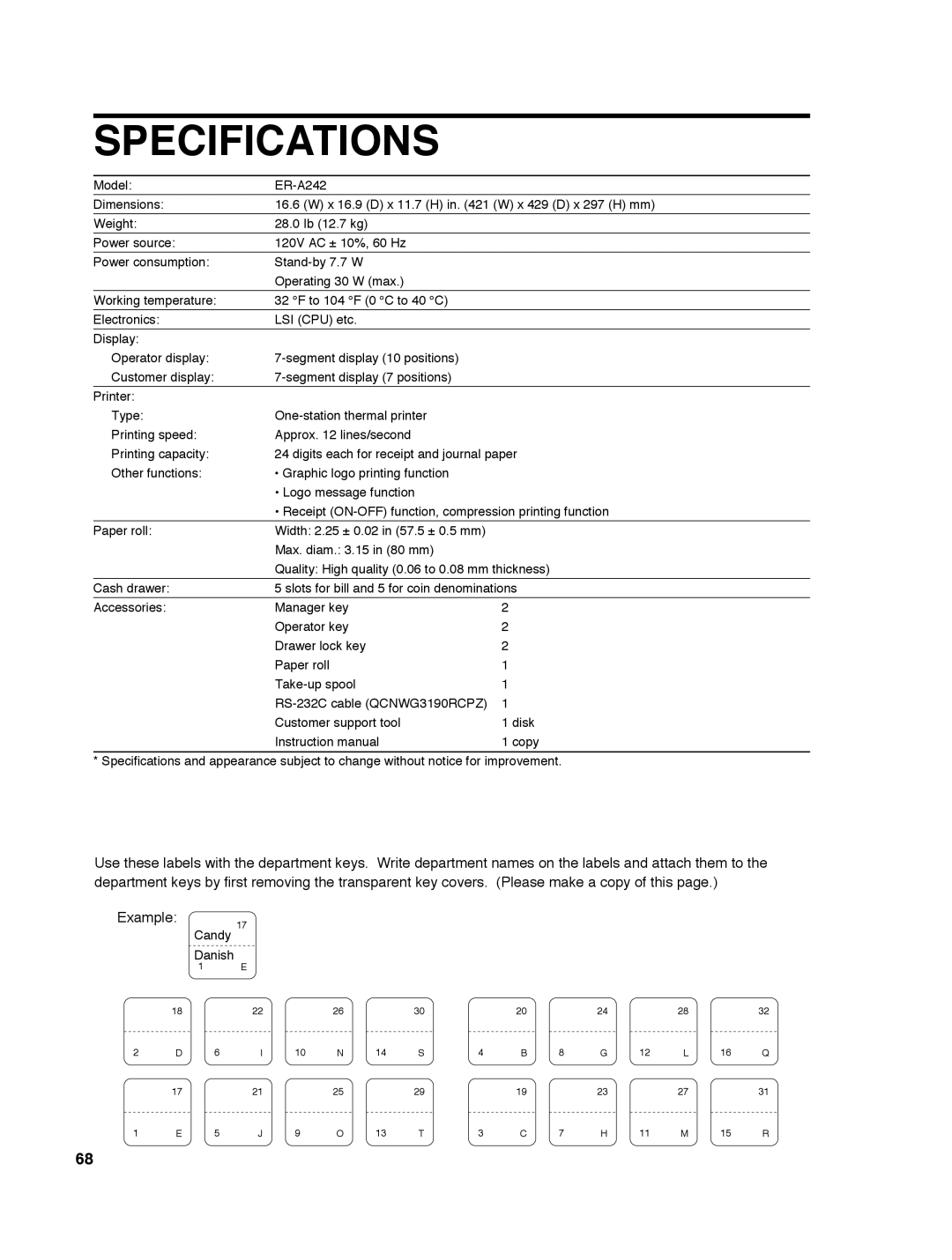 Sharp ER-A242 instruction manual Specifications 