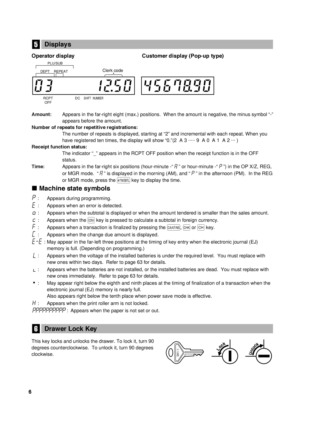 Sharp ER-A242 Displays, Machine state symbols, Drawer Lock Key, Operator display Customer display Pop-up type 