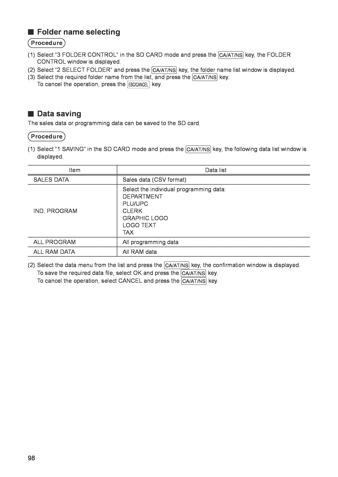 Sharp ER-A347A instruction manual Folder name selecting, Data saving, Procedure 