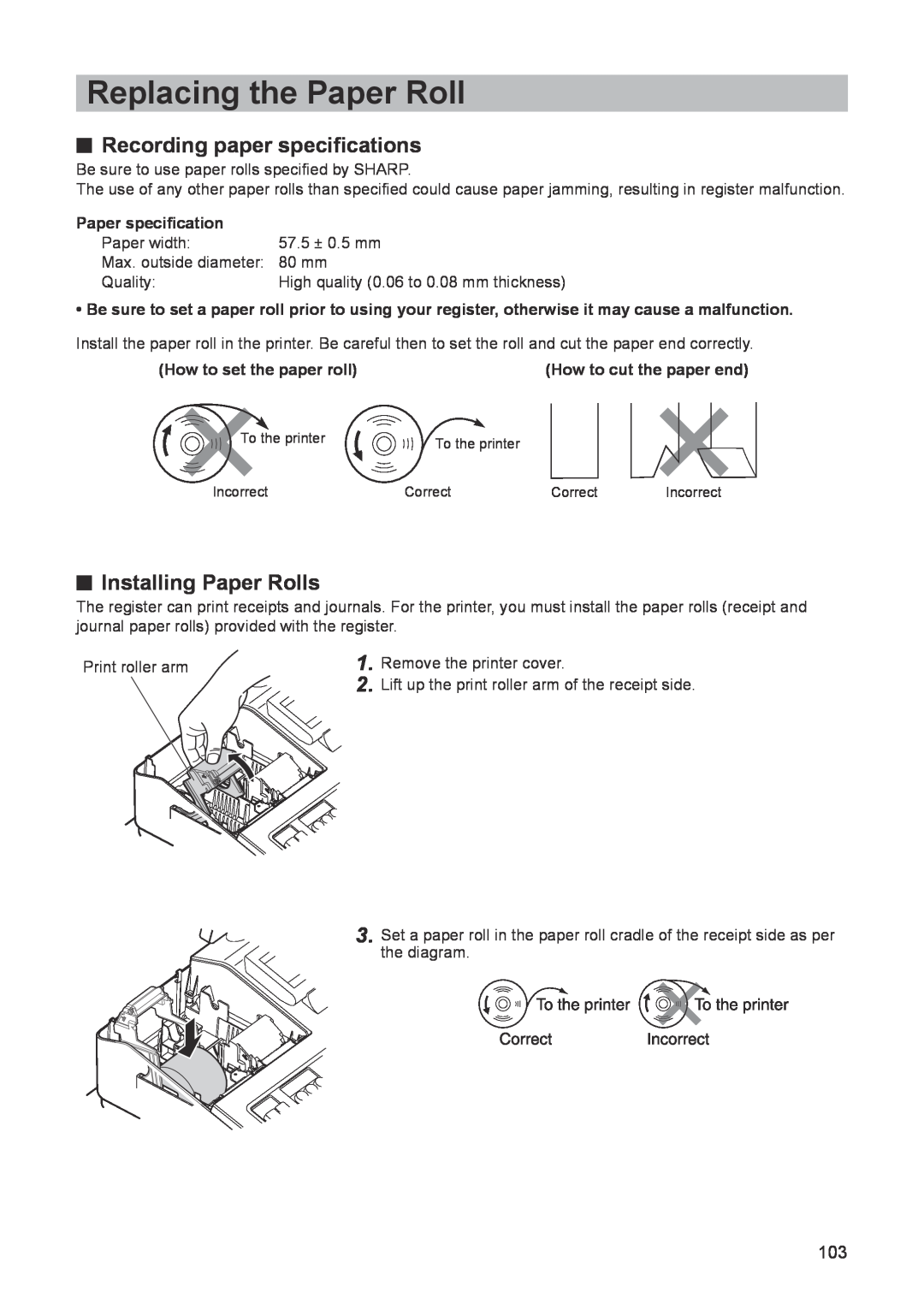 Sharp ER-A347A instruction manual Replacing the Paper Roll, Recording paper specifications, Installing Paper Rolls 