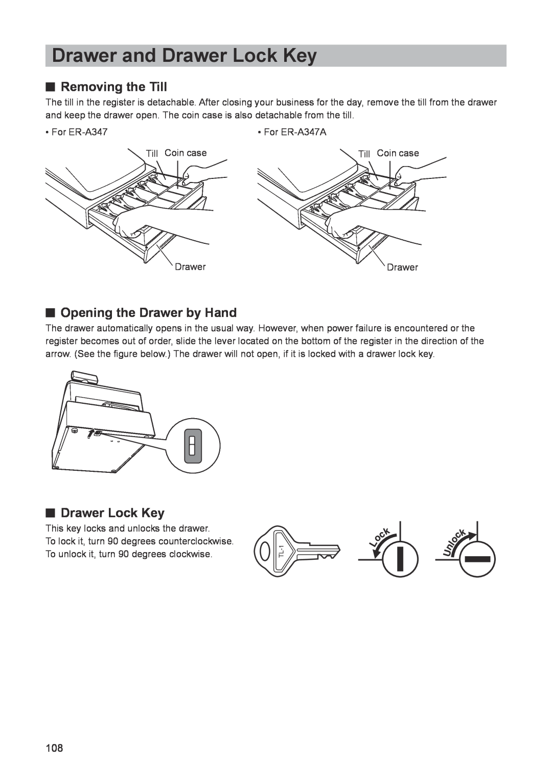 Sharp ER-A347A instruction manual Drawer and Drawer Lock Key, Removing the Till, Opening the Drawer by Hand 