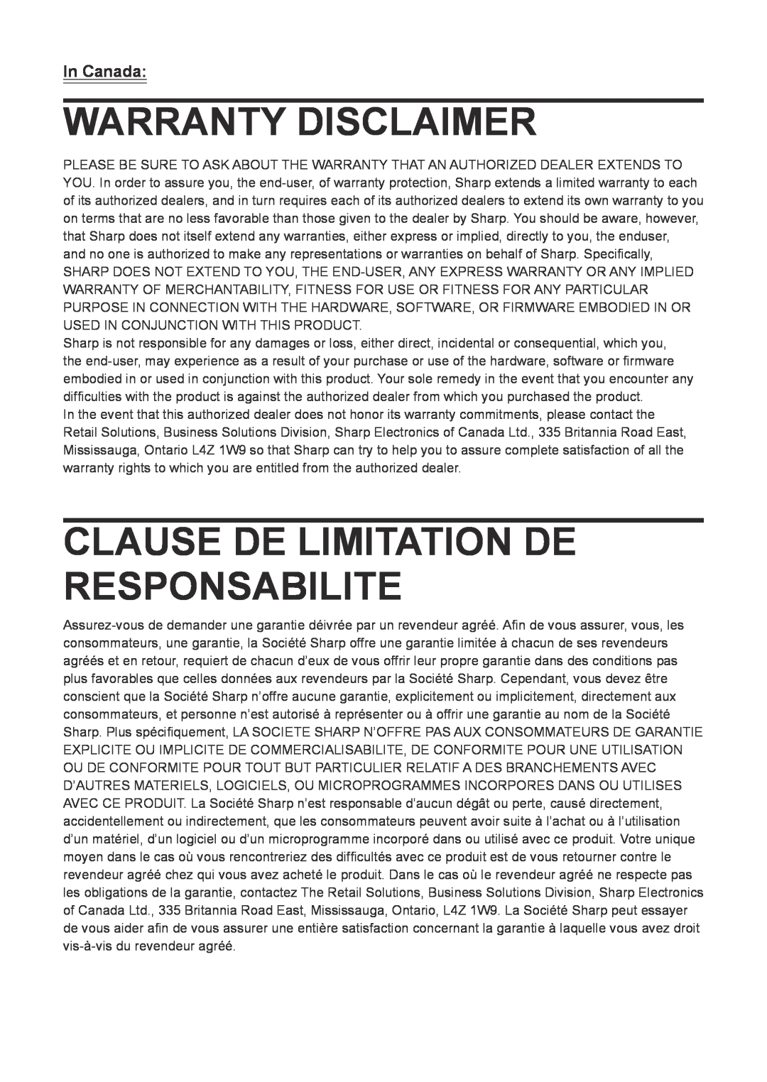 Sharp ER-A347A instruction manual Clause De Limitation De Responsabilite, In Canada, Warranty Disclaimer 