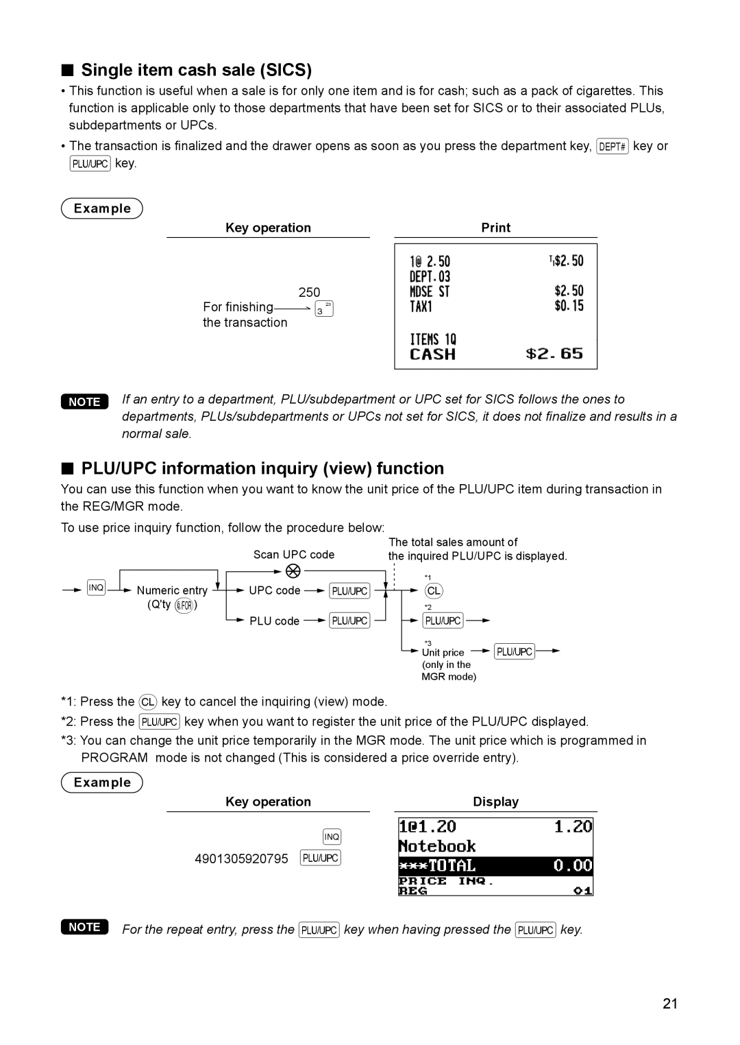 Sharp ER-A347A instruction manual Single item cash sale SICS, PLU/UPC information inquiry view function 