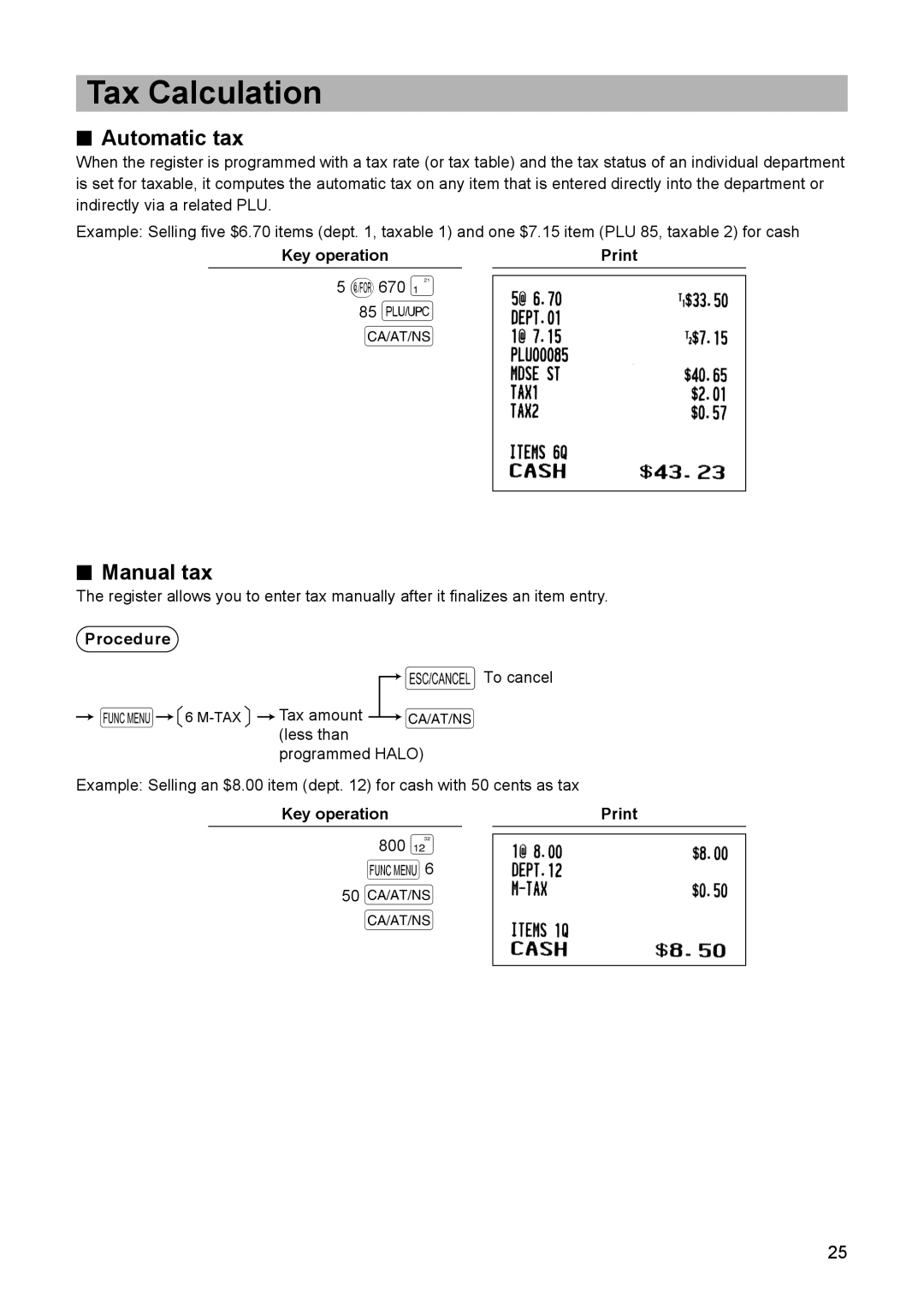 Sharp ER-A347A instruction manual Tax Calculation, Automatic tax, Manual tax 