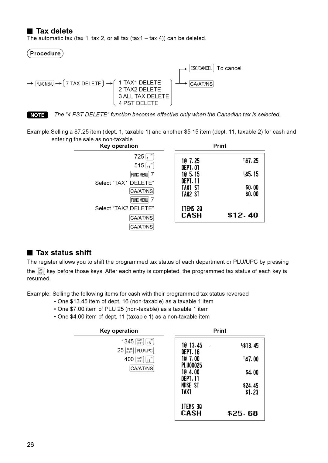Sharp ER-A347A instruction manual 725 515 q, 25 wp 400 wq A, Tax delete, Tax status shift 