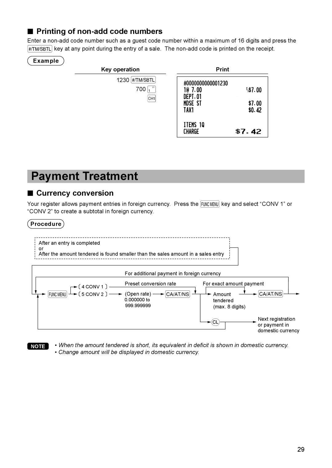 Sharp ER-A347A instruction manual Payment Treatment, 700 1, Printing of non-add code numbers, Currency conversion 
