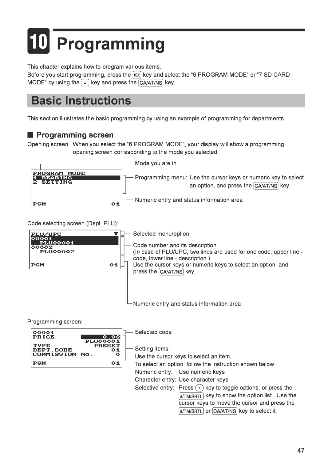 Sharp ER-A347A instruction manual a Programming, Basic Instructions, Programming screen 