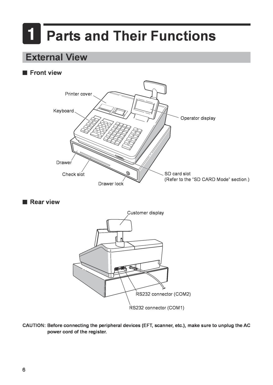 Sharp ER-A347A instruction manual Parts and Their Functions, External View, Front view, Rear view 