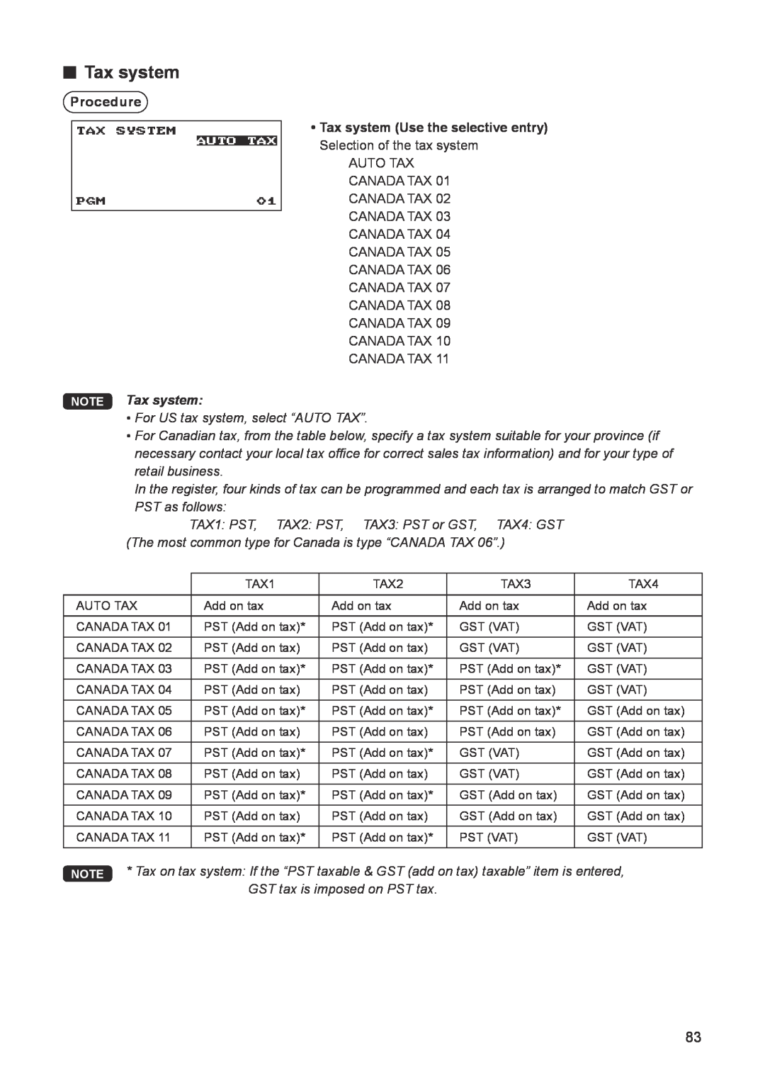 Sharp ER-A347A instruction manual NOTE Tax system, For US tax system, select “AUTO TAX”, PST as follows 