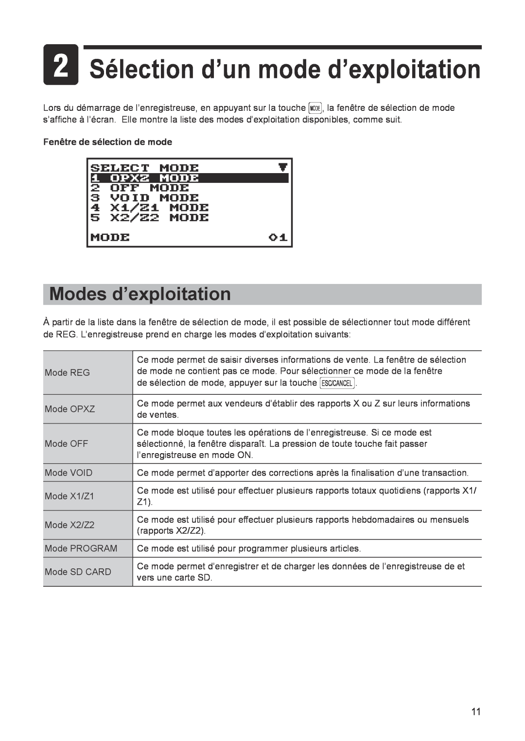 Sharp ER-A347A instruction manual 2 Sélection d’un mode d’exploitation, Modes d’exploitation 