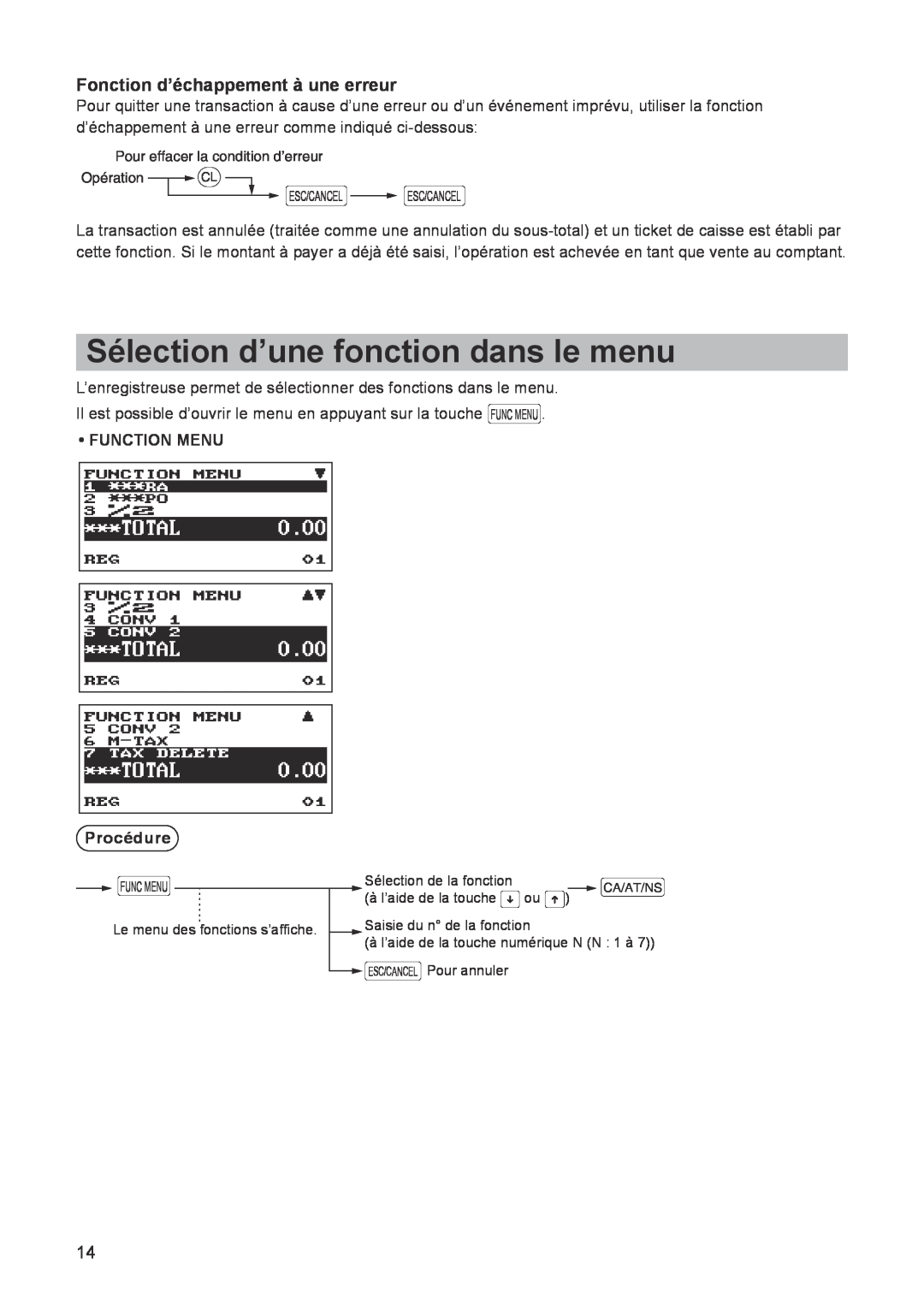 Sharp ER-A347A instruction manual Sélection d’une fonction dans le menu, Fonction d’échappement à une erreur 