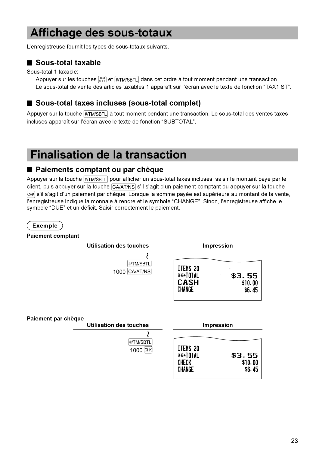 Sharp ER-A347A instruction manual Affichage des sous-totaux, Finalisation de la transaction, Sous-total taxable 