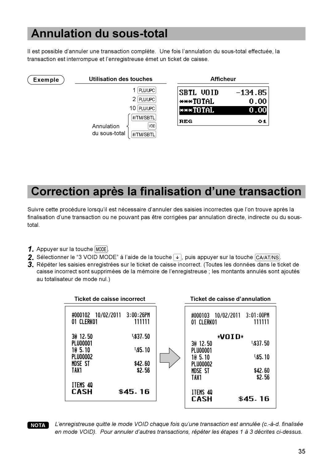 Sharp ER-A347A instruction manual Annulation du sous-total, Correction après la finalisation d’une transaction, Q t Q 