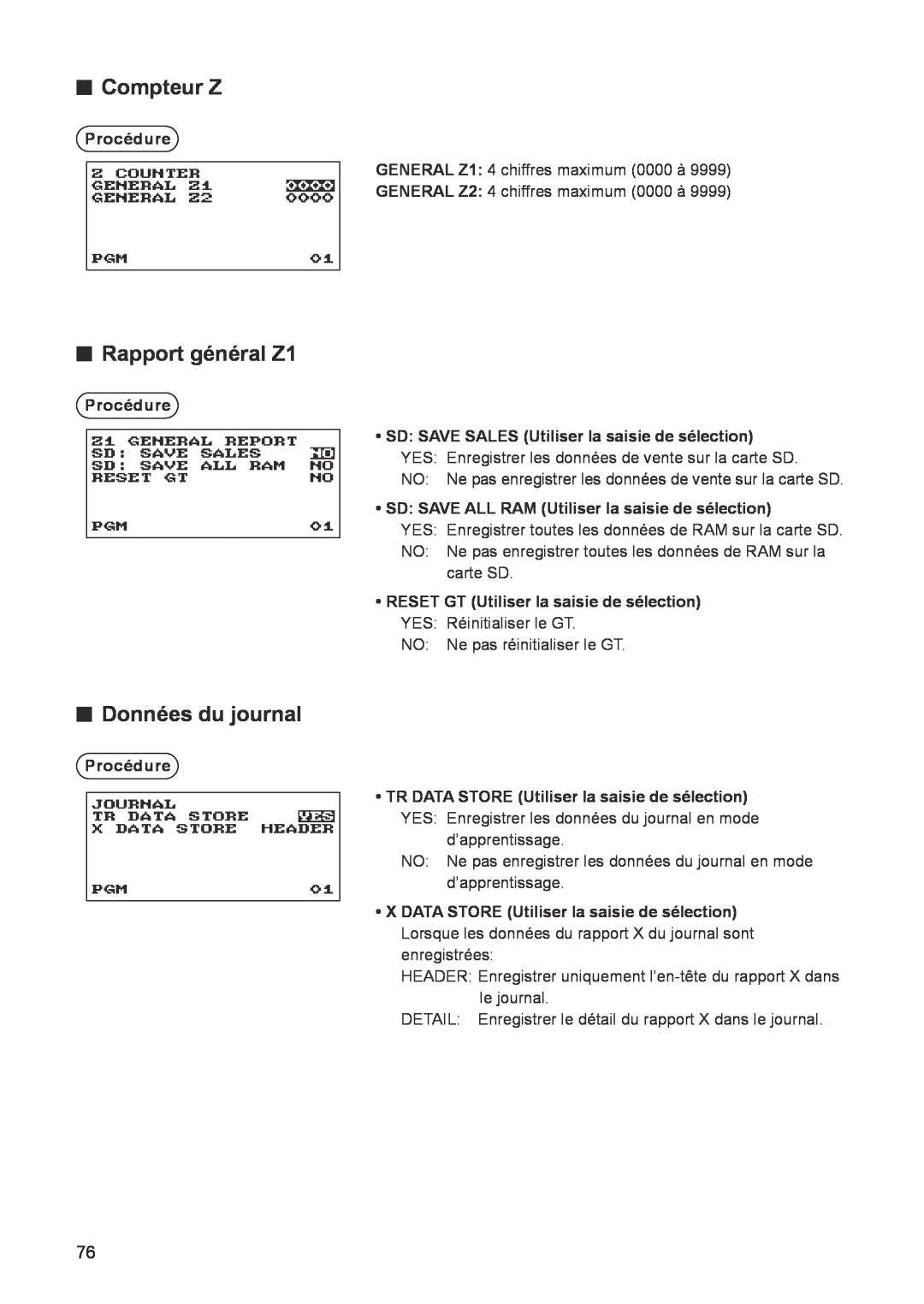 Sharp ER-A347A instruction manual Compteur Z, Rapport général Z1, Données du journal 