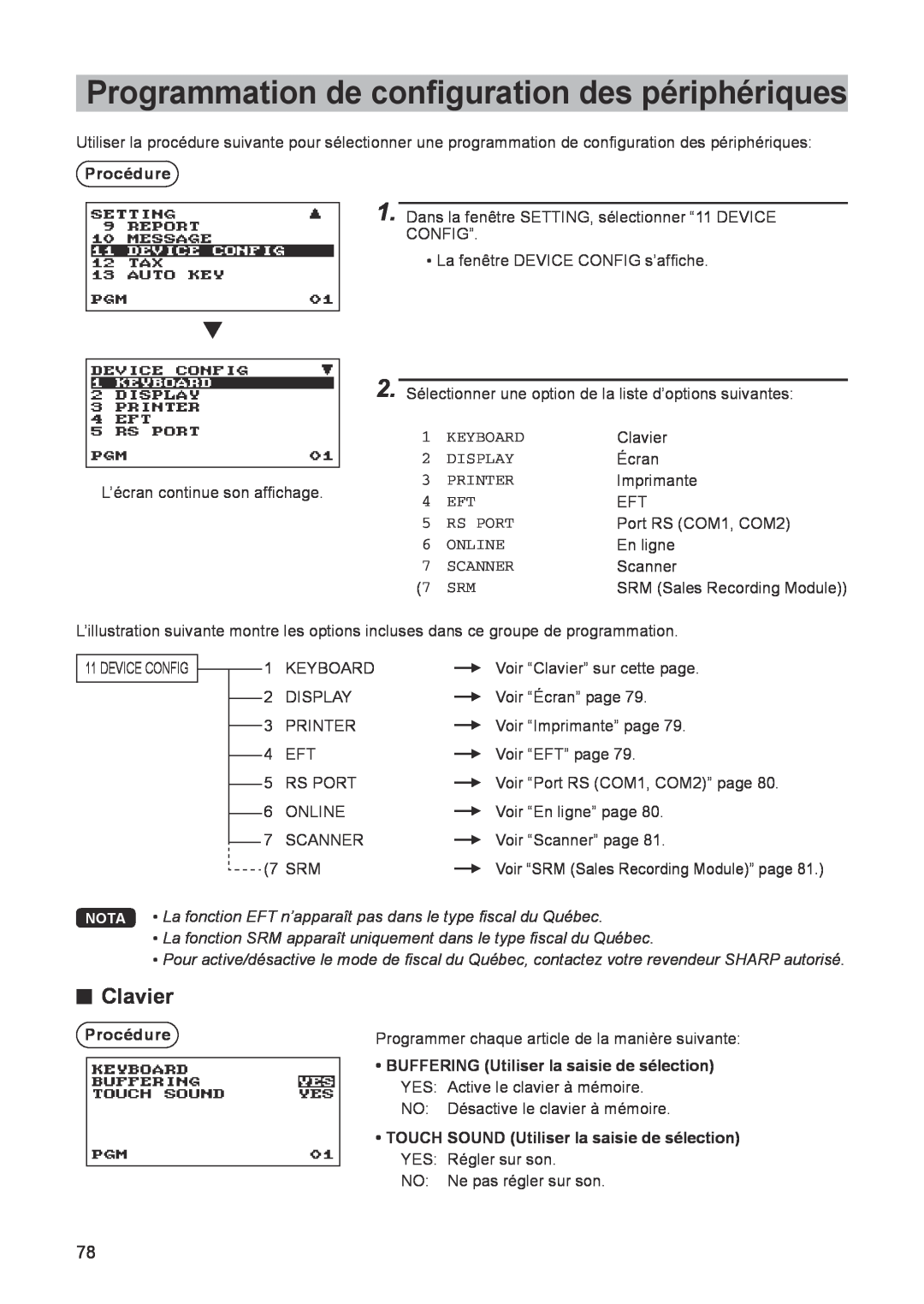 Sharp ER-A347A instruction manual Programmation de configuration des périphériques, Clavier 