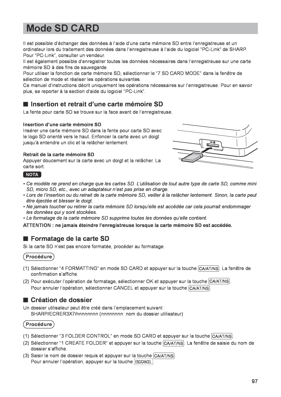 Sharp ER-A347 Mode SD CARD, Insertion et retrait d’une carte mémoire SD, Formatage de la carte SD, Création de dossier 