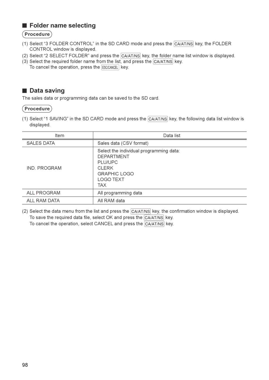 Sharp ER-A347A instruction manual Folder name selecting, Data saving 