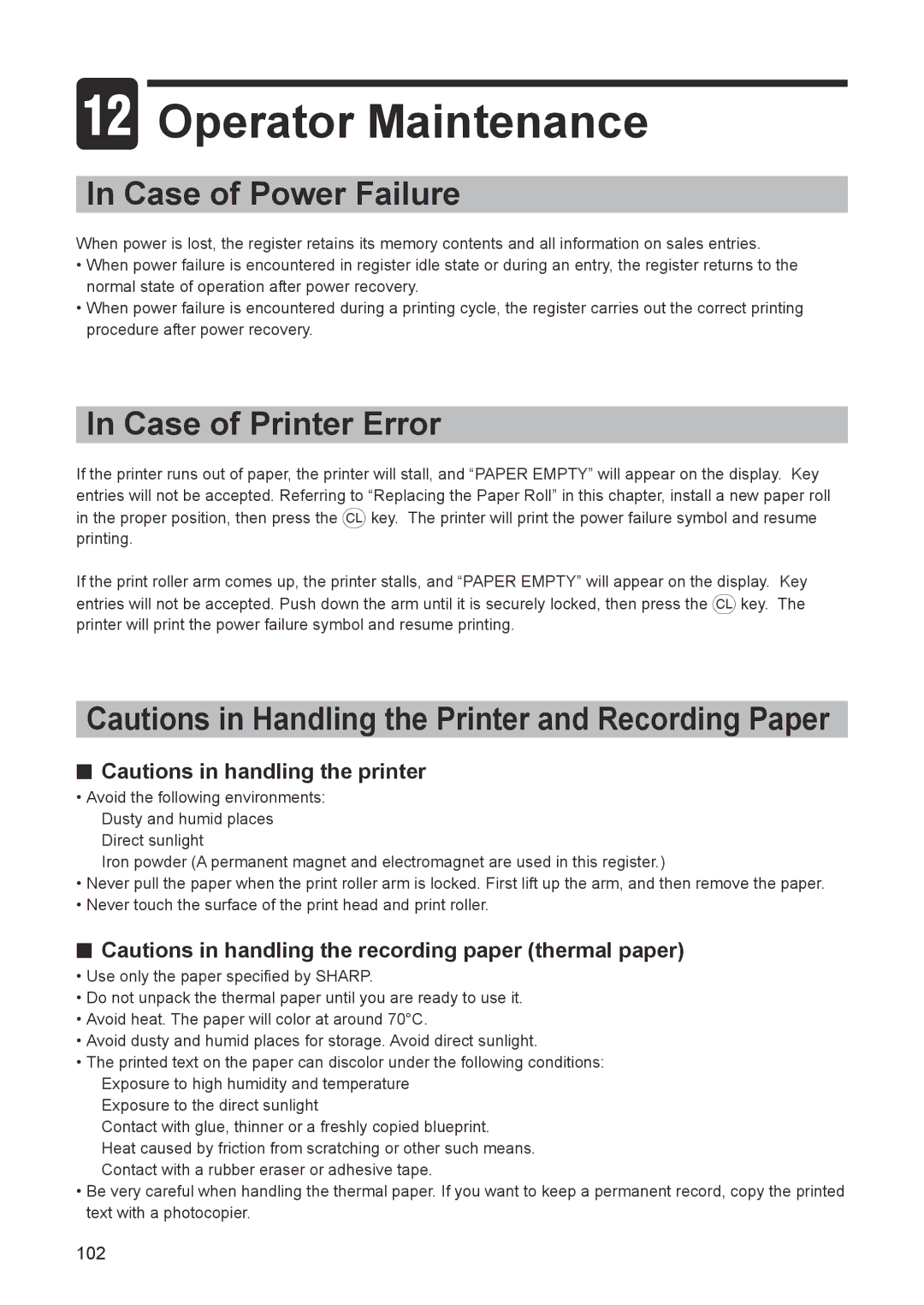 Sharp ER-A347A instruction manual Operator Maintenance, Case of Power Failure, Case of Printer Error 