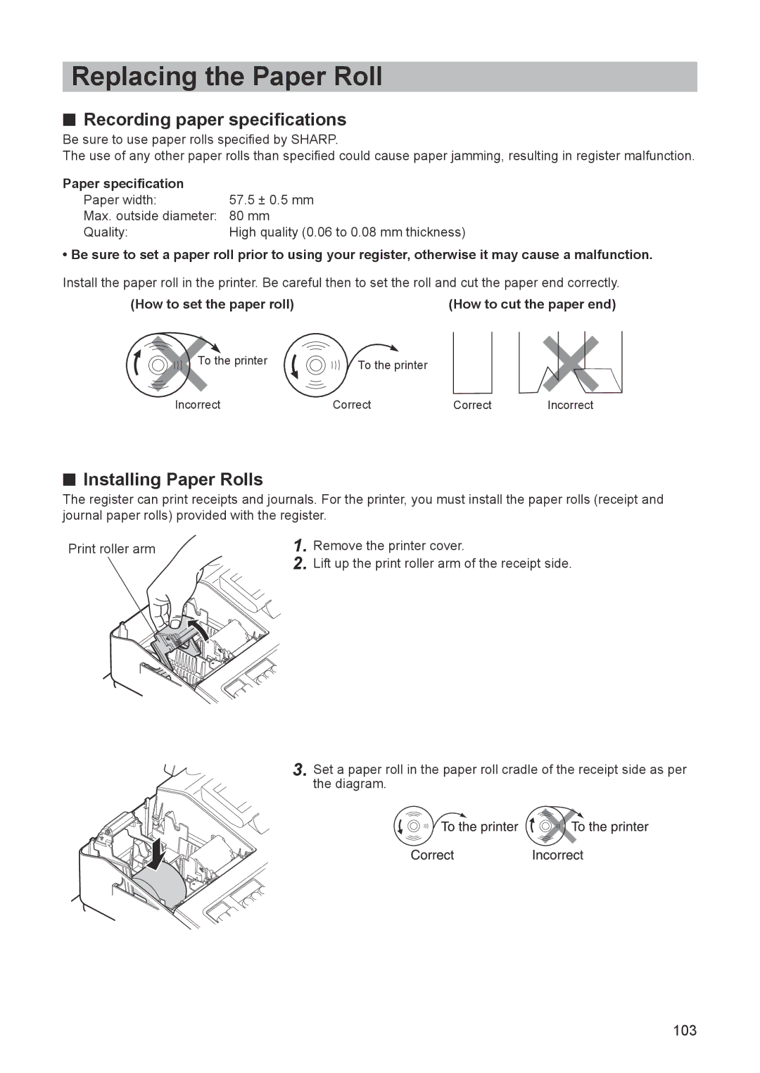 Sharp ER-A347 Replacing the Paper Roll, Recording paper specifications, Installing Paper Rolls, Paper specification 