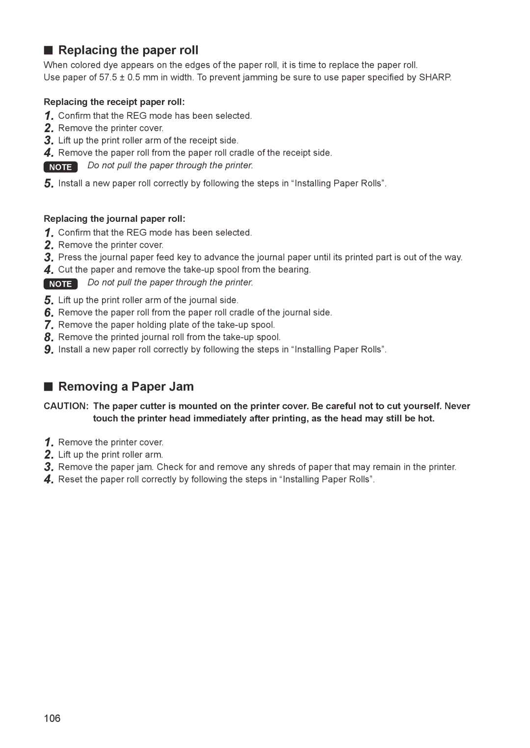 Sharp ER-A347A instruction manual Replacing the paper roll, Removing a Paper Jam, Replacing the receipt paper roll 