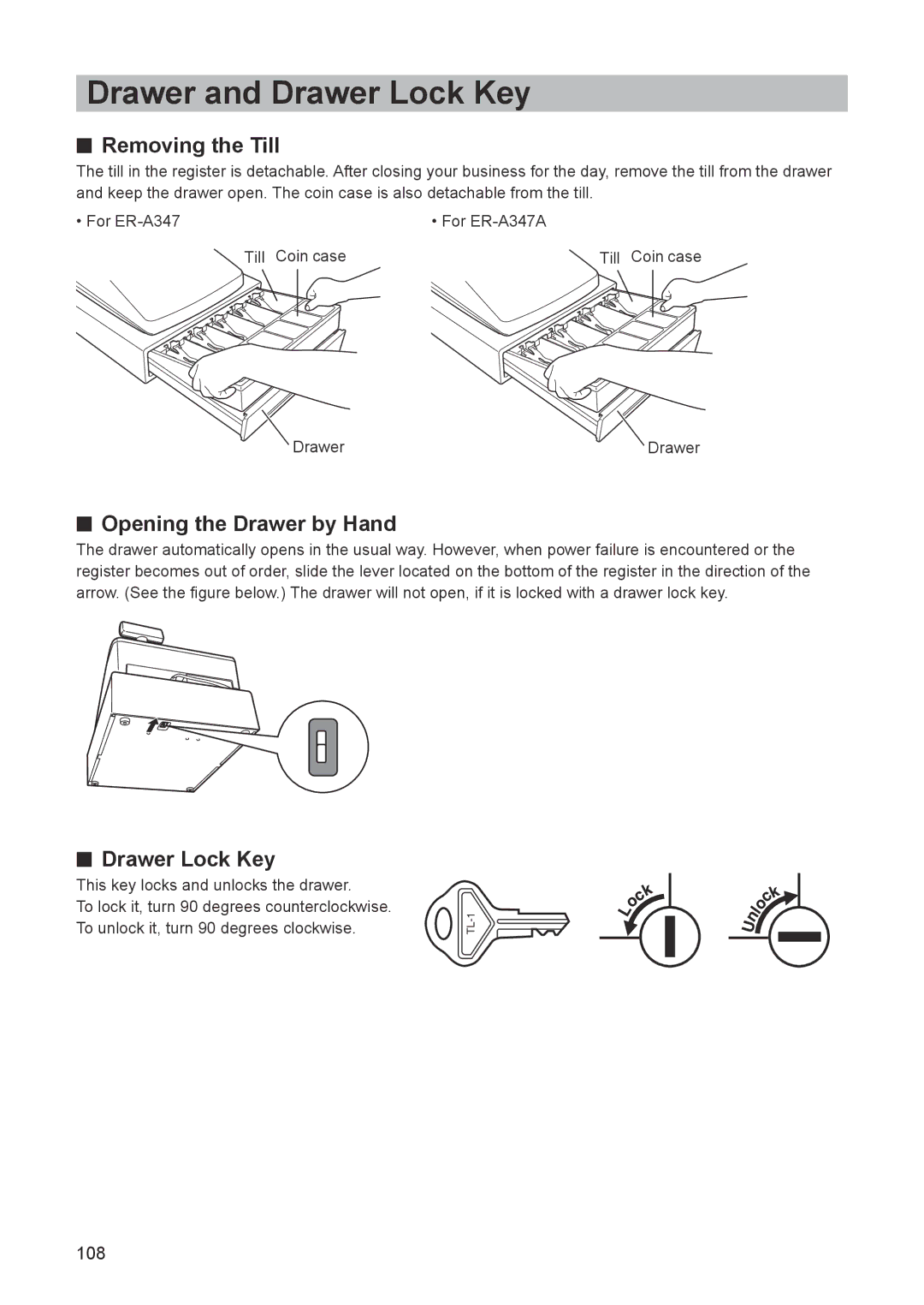 Sharp ER-A347A instruction manual Drawer and Drawer Lock Key, Removing the Till, Opening the Drawer by Hand 