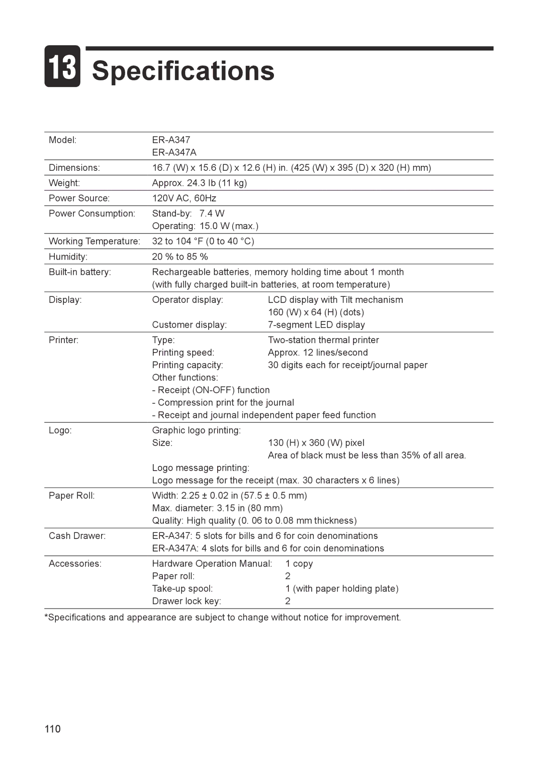 Sharp ER-A347A instruction manual Specifications 