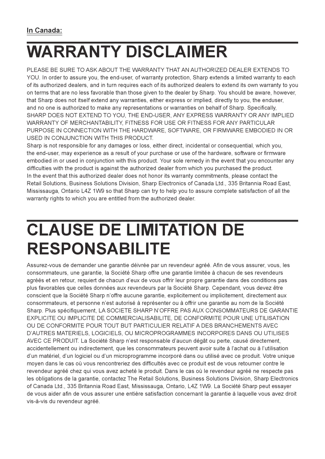 Sharp ER-A347A instruction manual Clause DE Limitation DE Responsabilite 