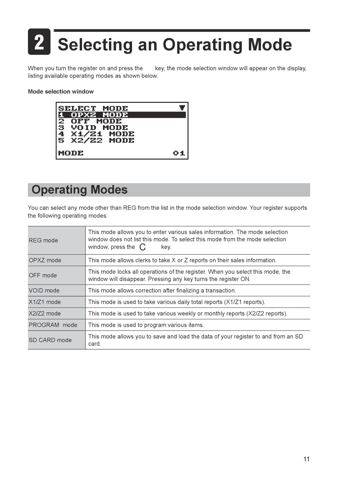 Sharp ER-A347A instruction manual Selecting an Operating Mode, Operating Modes, Mode selection window 