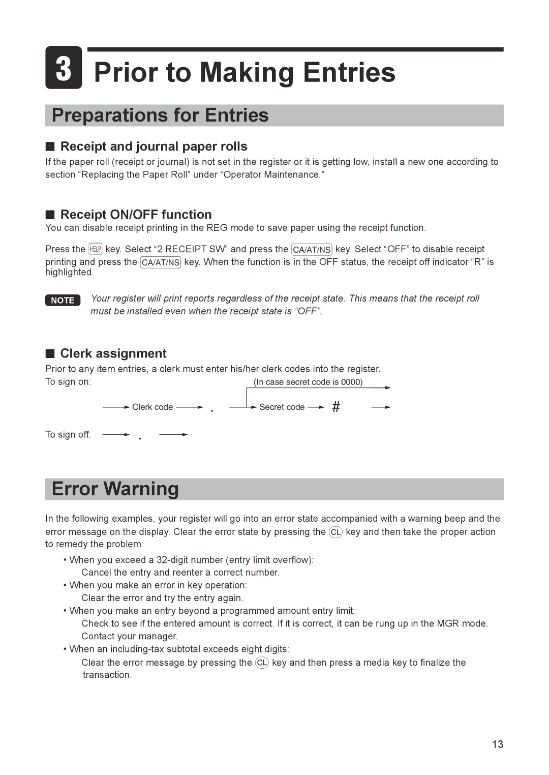 Sharp ER-A347A instruction manual Prior to Making Entries, Preparations for Entries, Error Warning 