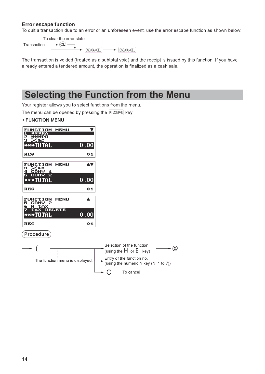 Sharp ER-A347A instruction manual Selecting the Function from the Menu, Error escape function 