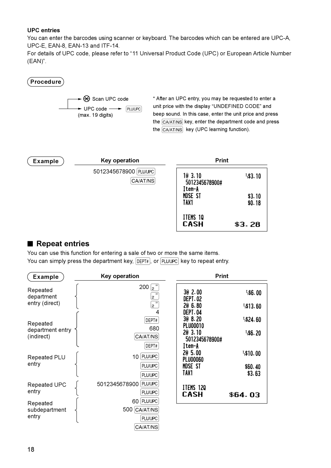 Sharp ER-A347A instruction manual Repeat entries, UPC entries 