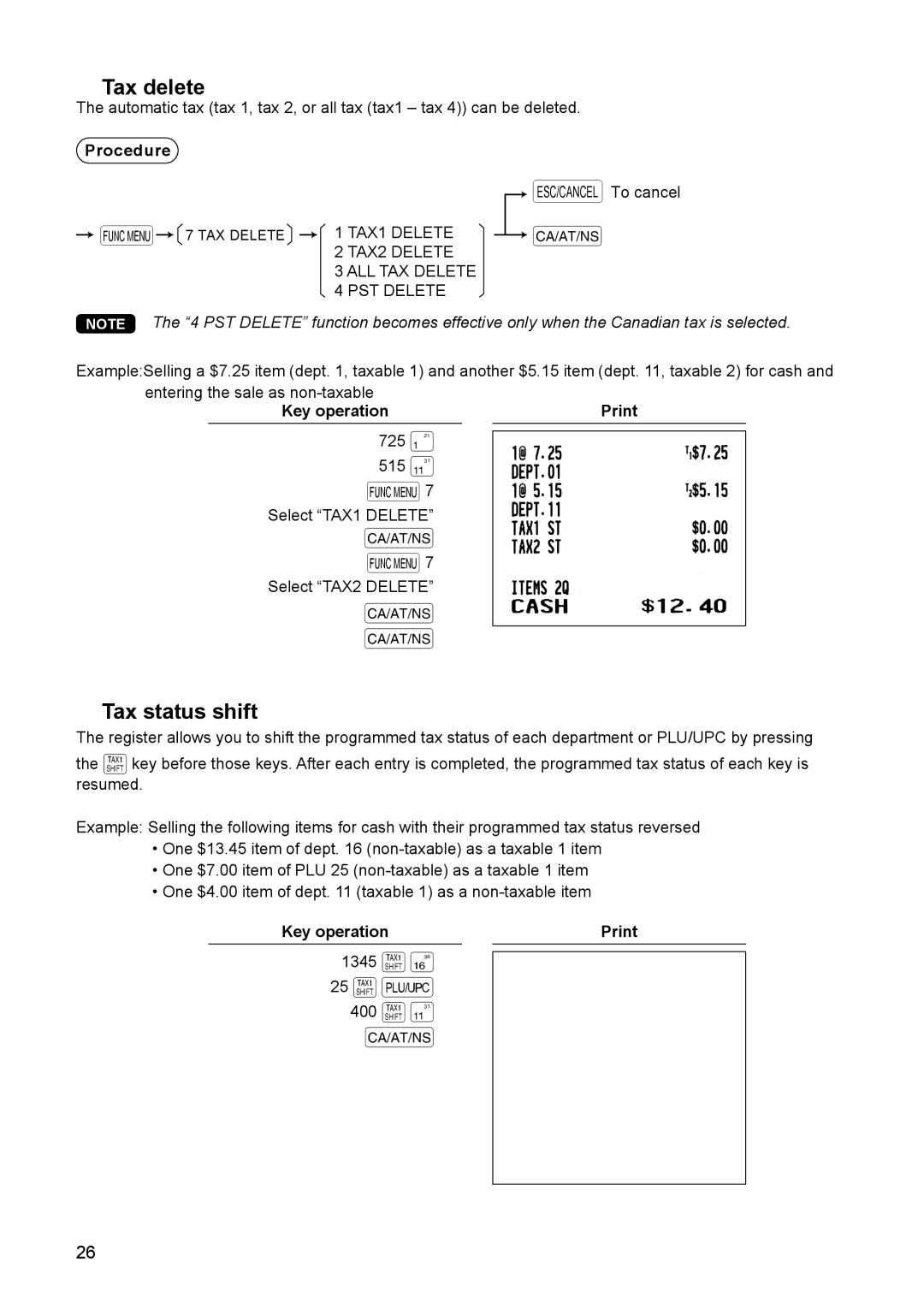 Sharp ER-A347A instruction manual Tax delete, Tax status shift 