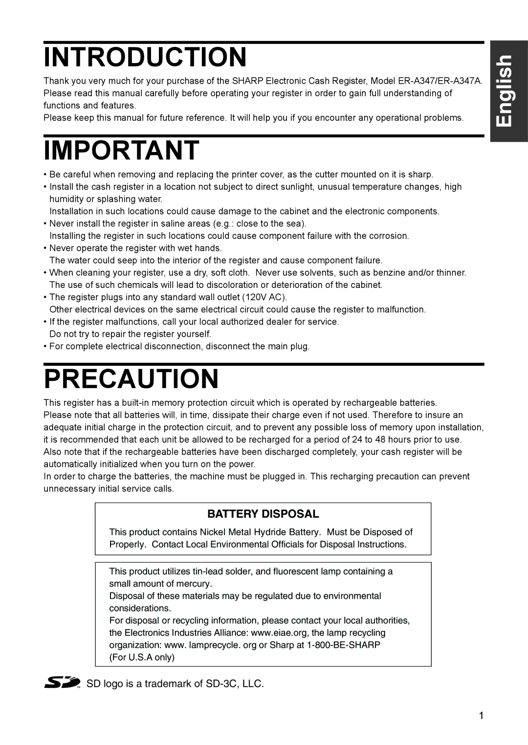 Sharp ER-A347A instruction manual Introduction 