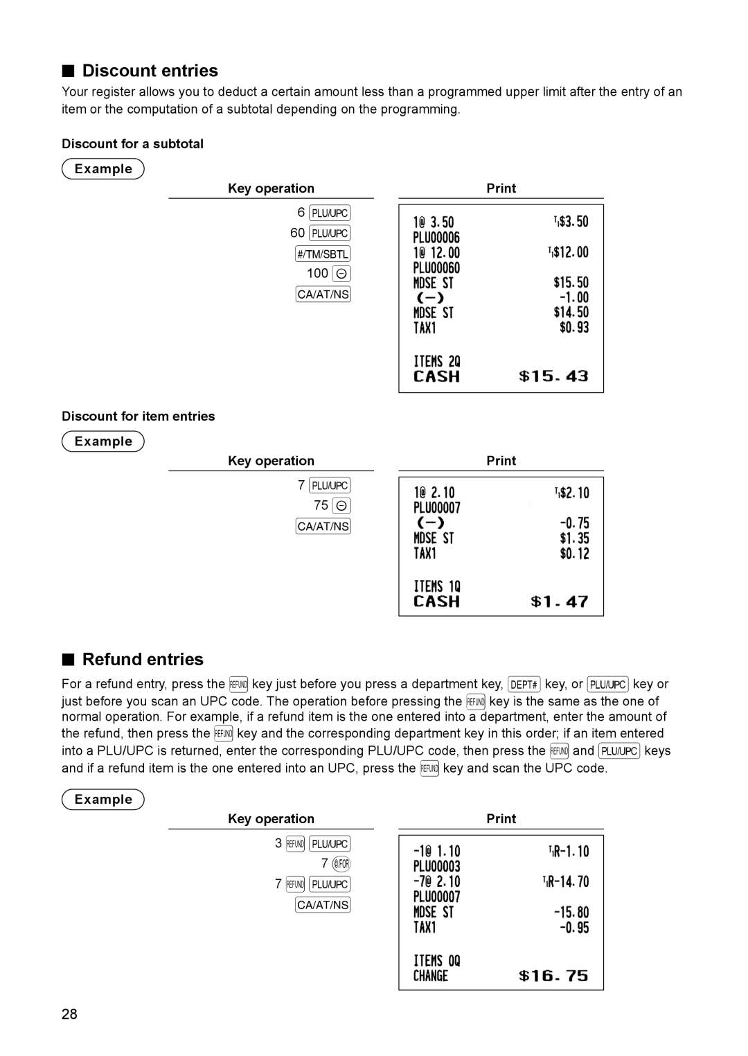 Sharp ER-A347A instruction manual Discount entries, Refund entries, Discount for a subtotal Example Key operation Print 