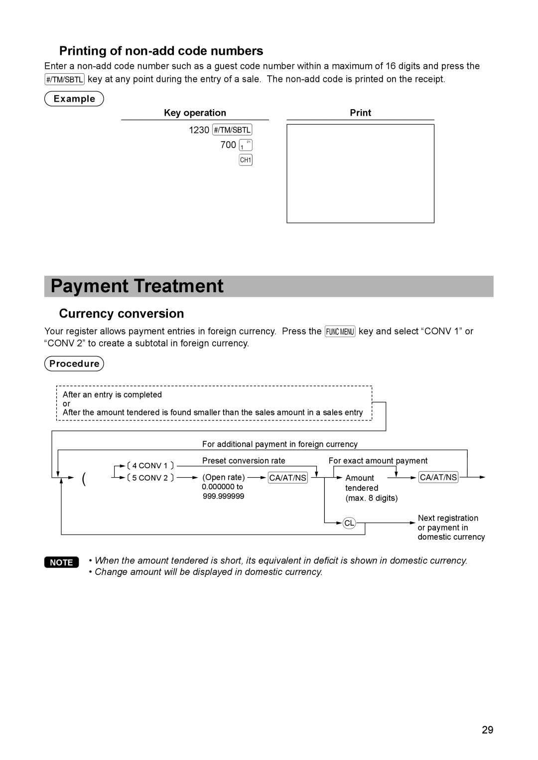 Sharp ER-A347A instruction manual Payment Treatment, Printing of non-add code numbers, Currency conversion 