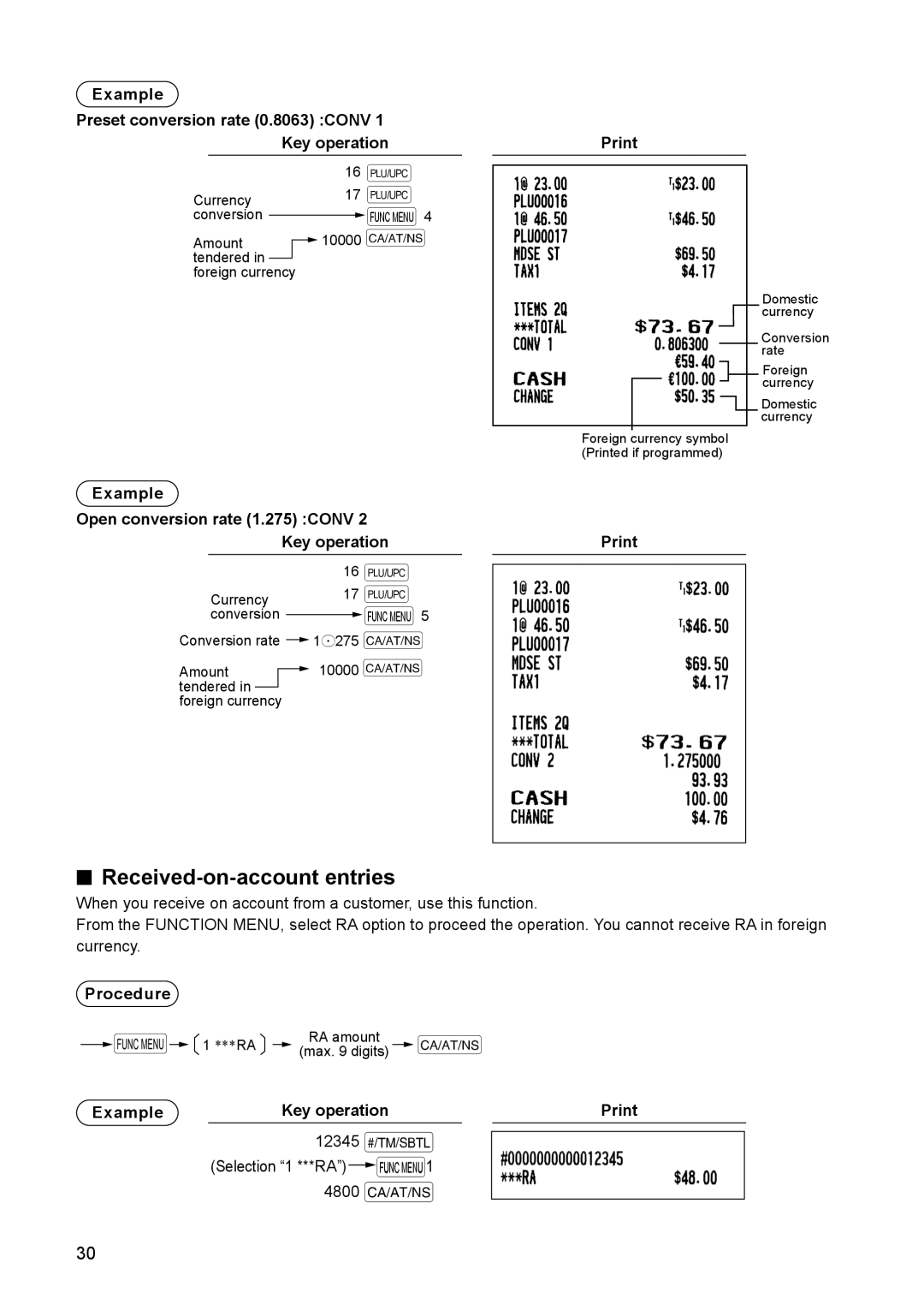 Sharp ER-A347A instruction manual Received-on-account entries, Example Preset conversion rate 0.8063 Conv 1 Key operation 