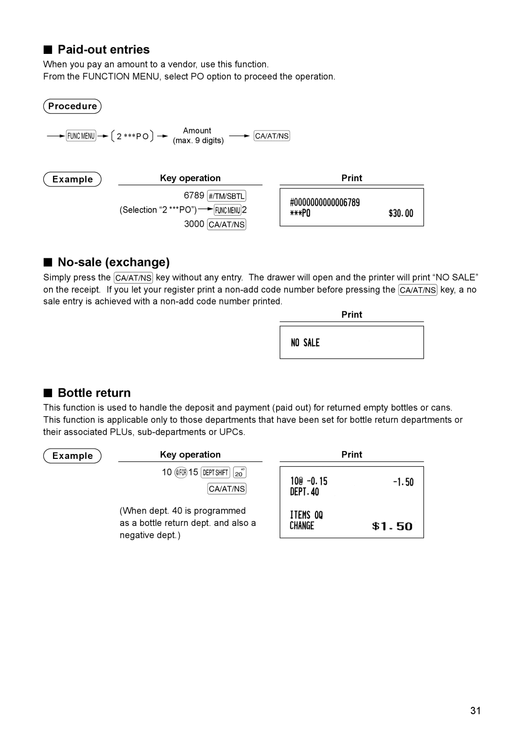 Sharp ER-A347A instruction manual Paid-out entries, No-sale exchange, Bottle return, Example Key operation 