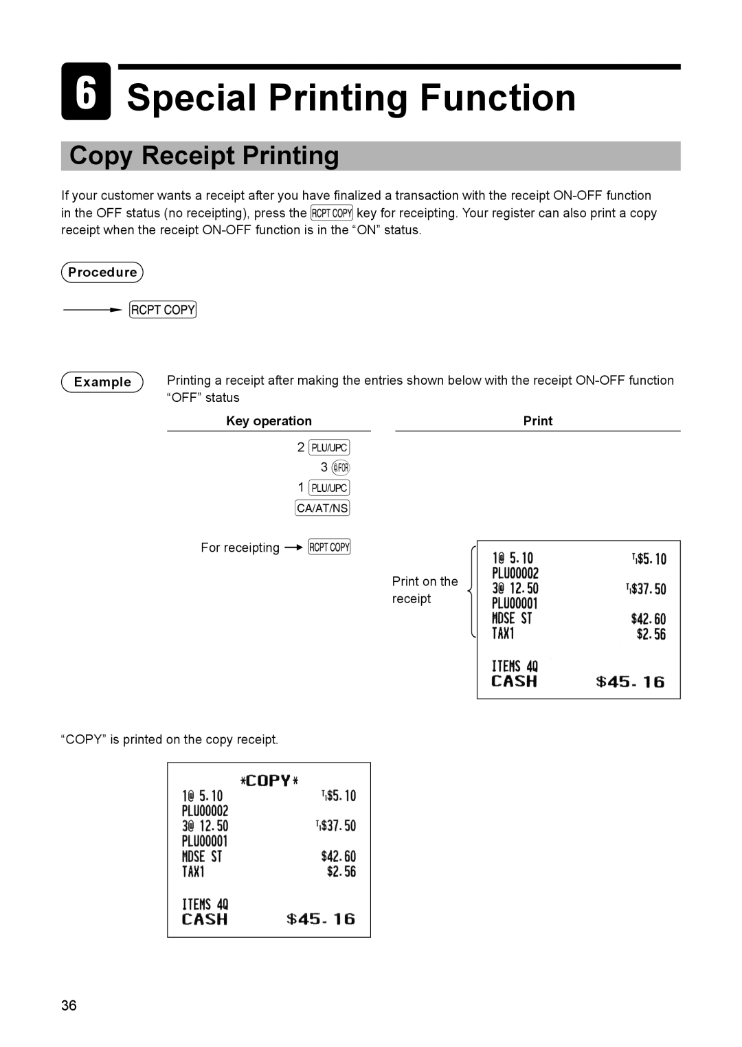 Sharp ER-A347A instruction manual Special Printing Function, Copy Receipt Printing, Procedure Example 