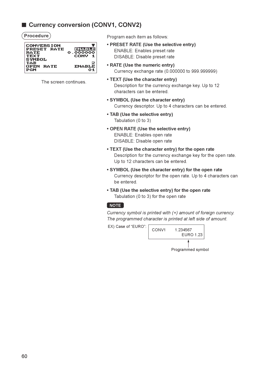 Sharp ER-A347A instruction manual Currency conversion CONV1, CONV2, Symbol Use the character entry 