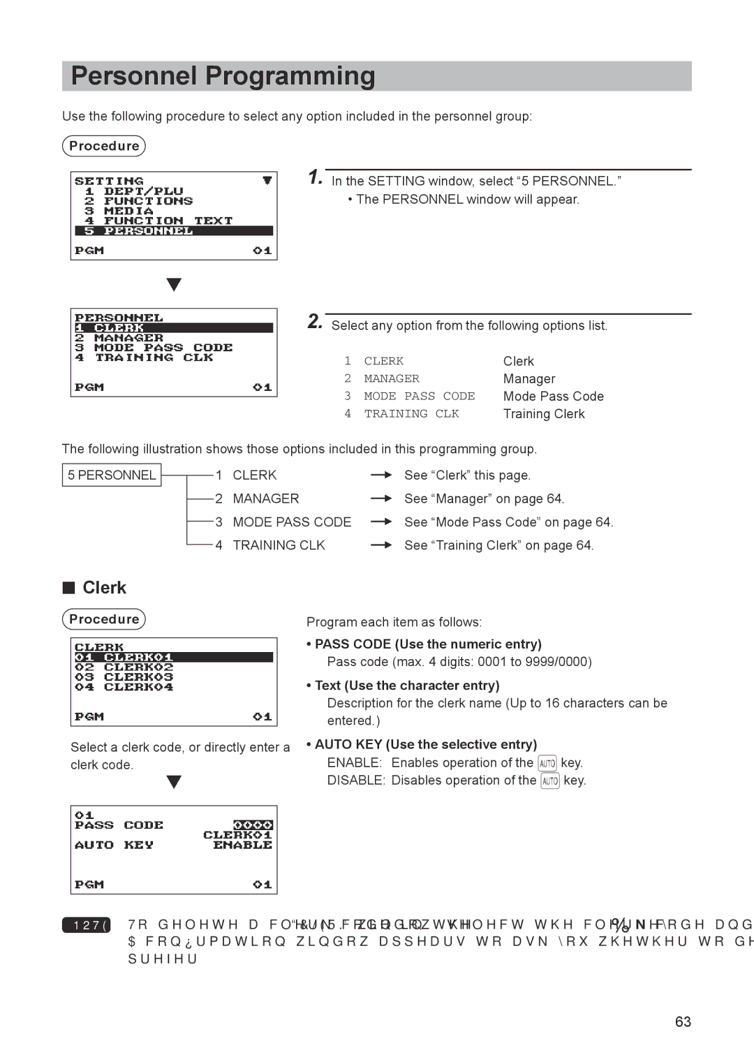 Sharp ER-A347A Personnel Programming, Clerk, Pass Code Use the numeric entry, Auto KEY Use the selective entry 