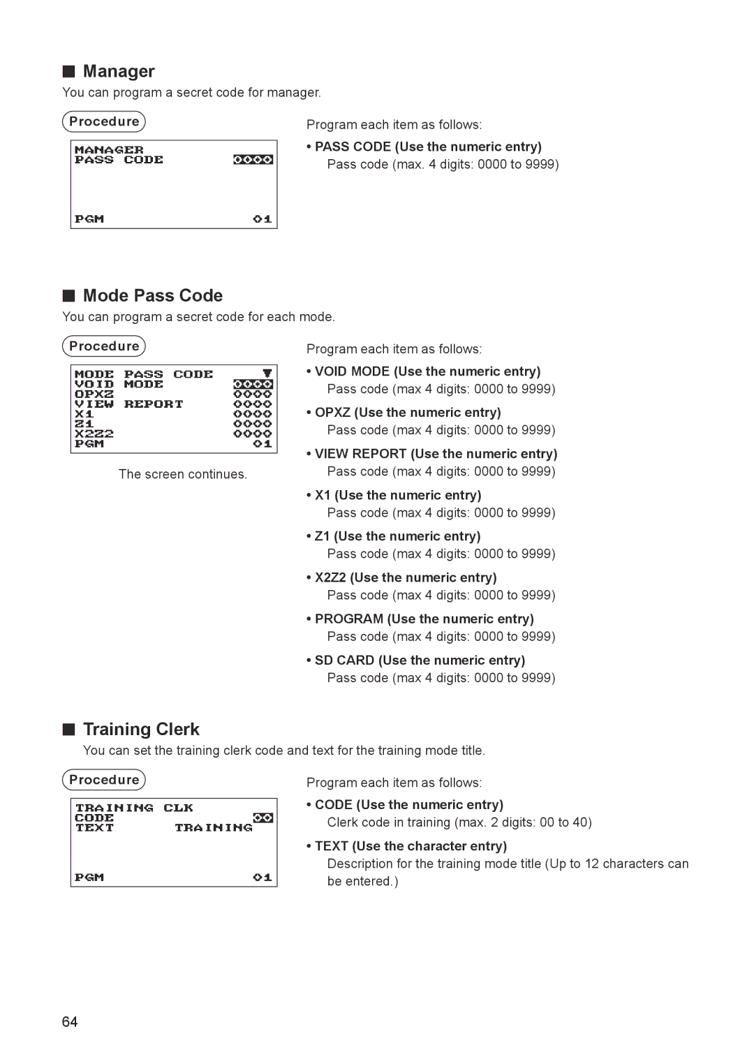 Sharp ER-A347A instruction manual Manager, Mode Pass Code, Training Clerk 