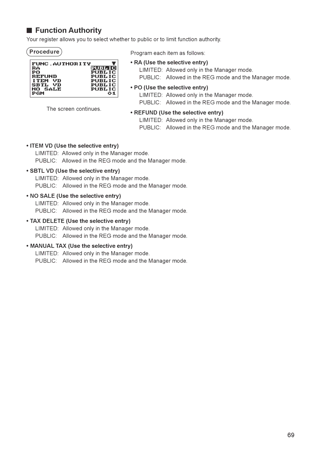 Sharp ER-A347A instruction manual Function Authority 