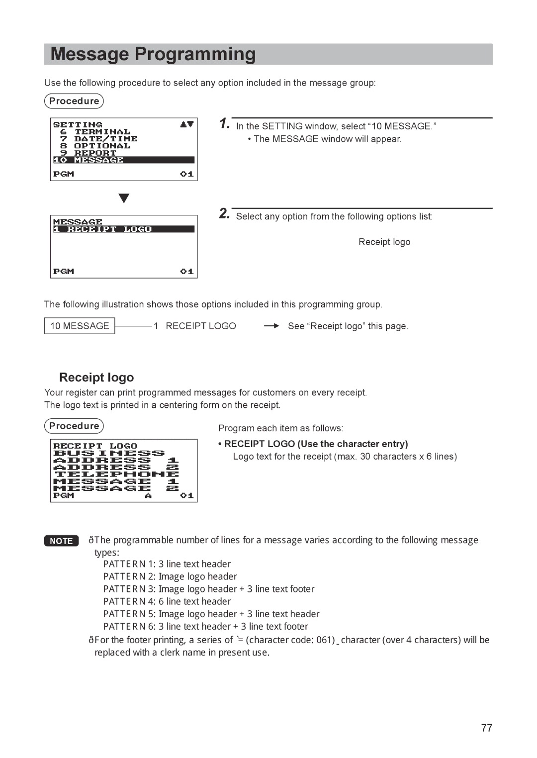 Sharp ER-A347A instruction manual Message Programming, Receipt logo, Receipt Logo Use the character entry 