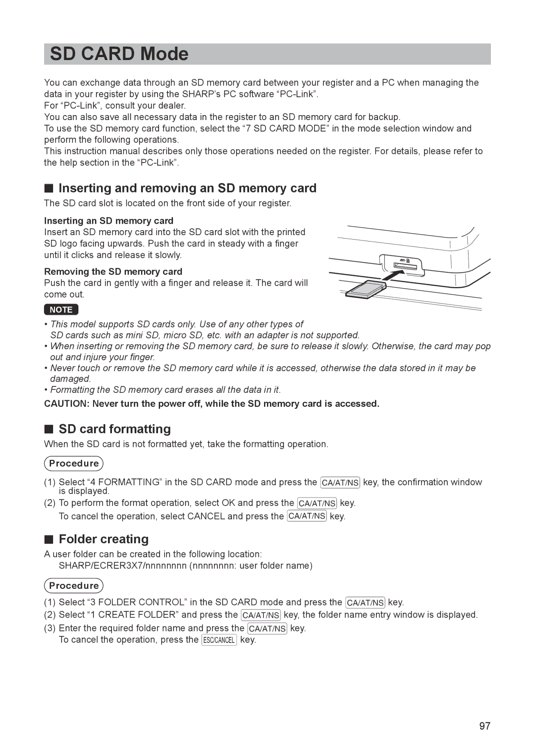 Sharp ER-A347A SD Card Mode, Inserting and removing an SD memory card, SD card formatting, Folder creating 