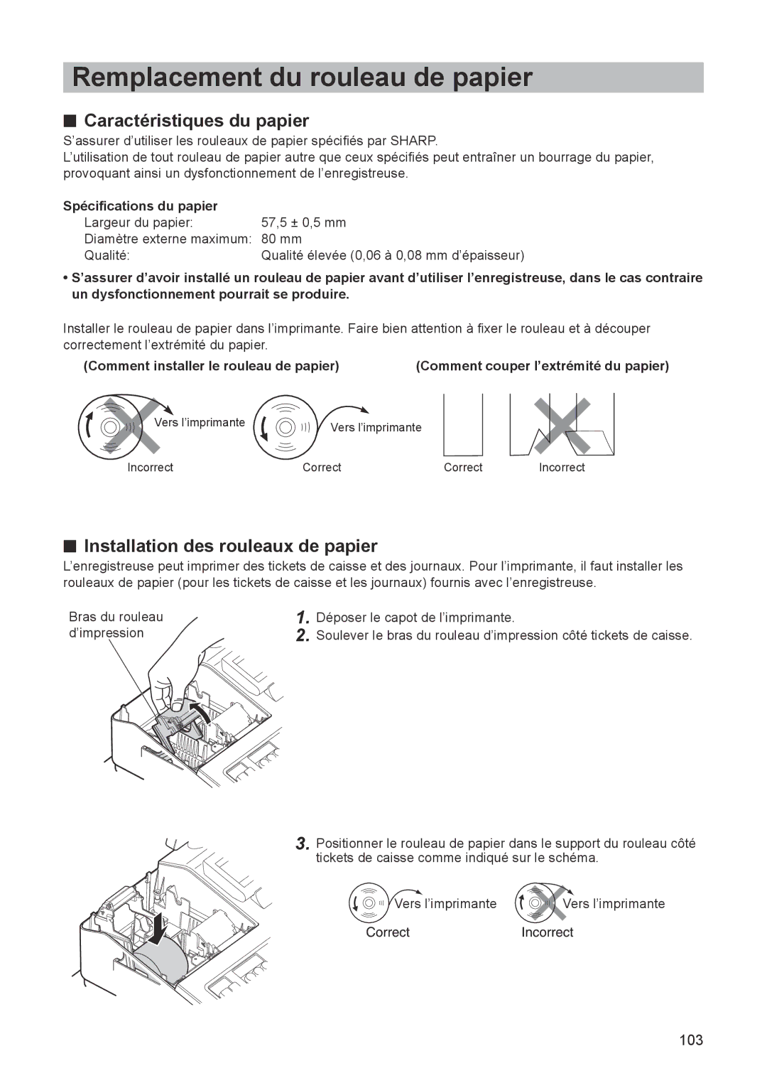 Sharp ER-A347A Remplacement du rouleau de papier, Caractéristiques du papier, Installation des rouleaux de papier 