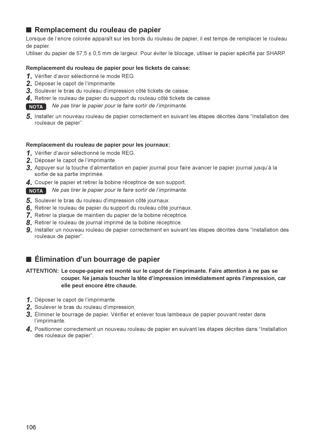 Sharp ER-A347A instruction manual Remplacement du rouleau de papier, Élimination d’un bourrage de papier 