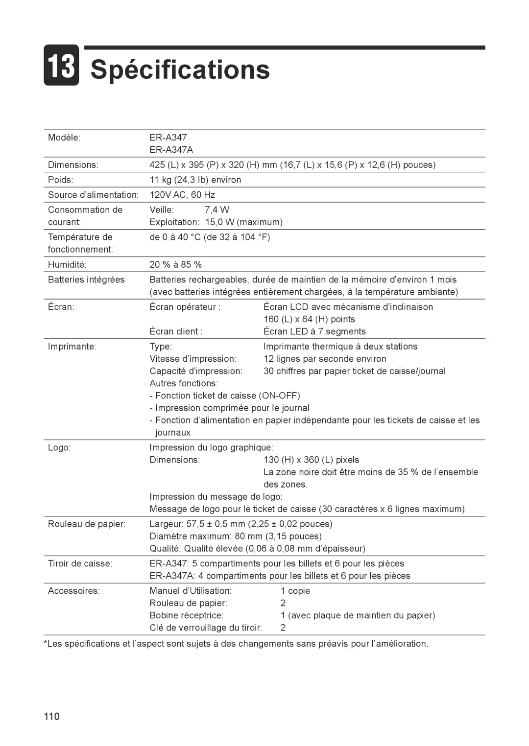 Sharp ER-A347A instruction manual Spécifications 