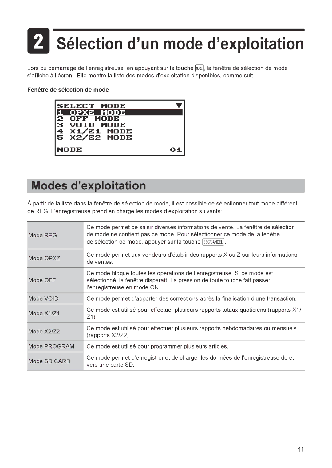 Sharp ER-A347A instruction manual Sélection d’un mode d’exploitation, Modes d’exploitation, Fenêtre de sélection de mode 