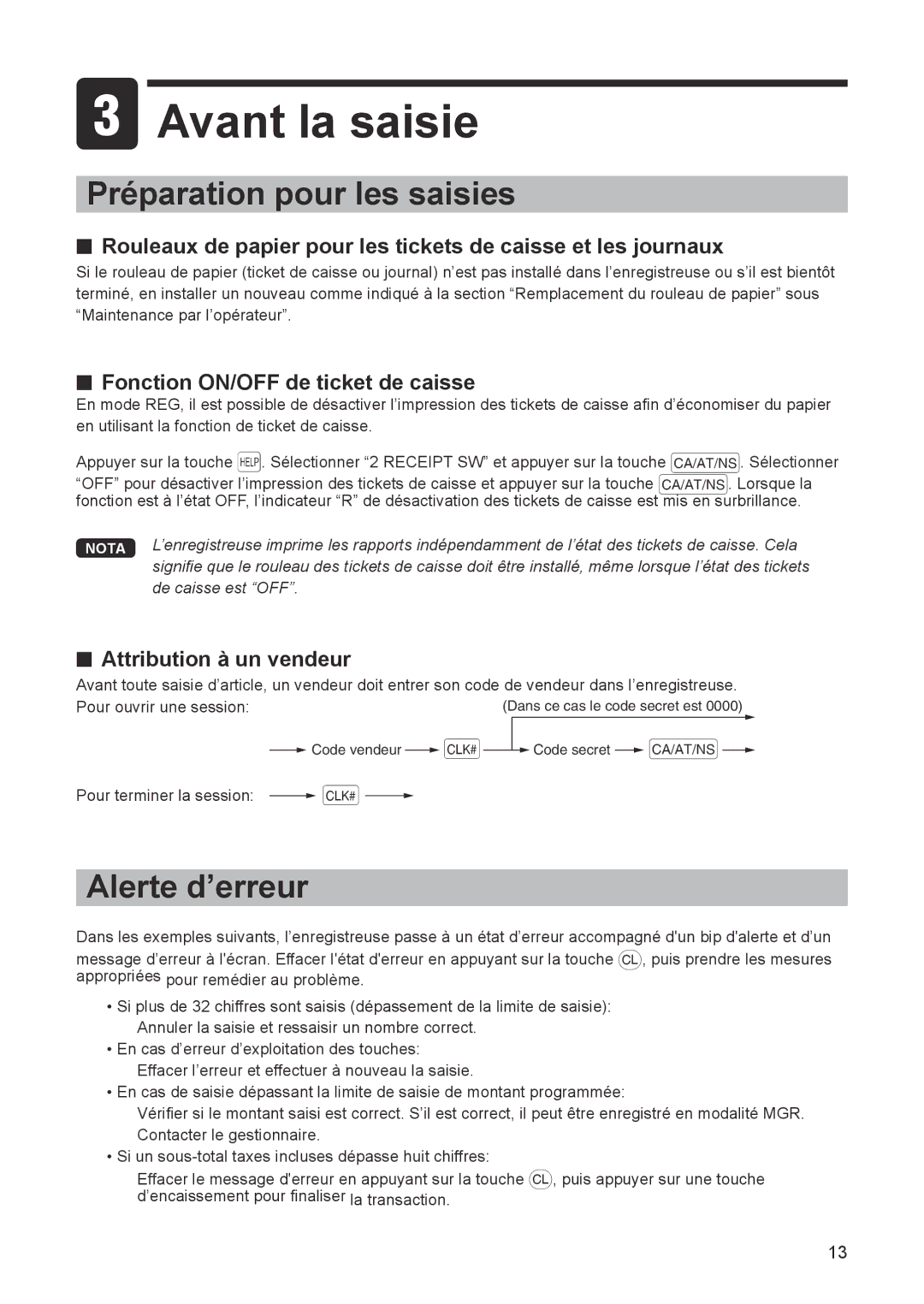 Sharp ER-A347 Avant la saisie, Préparation pour les saisies, Alerte d’erreur, Fonction ON/OFF de ticket de caisse 