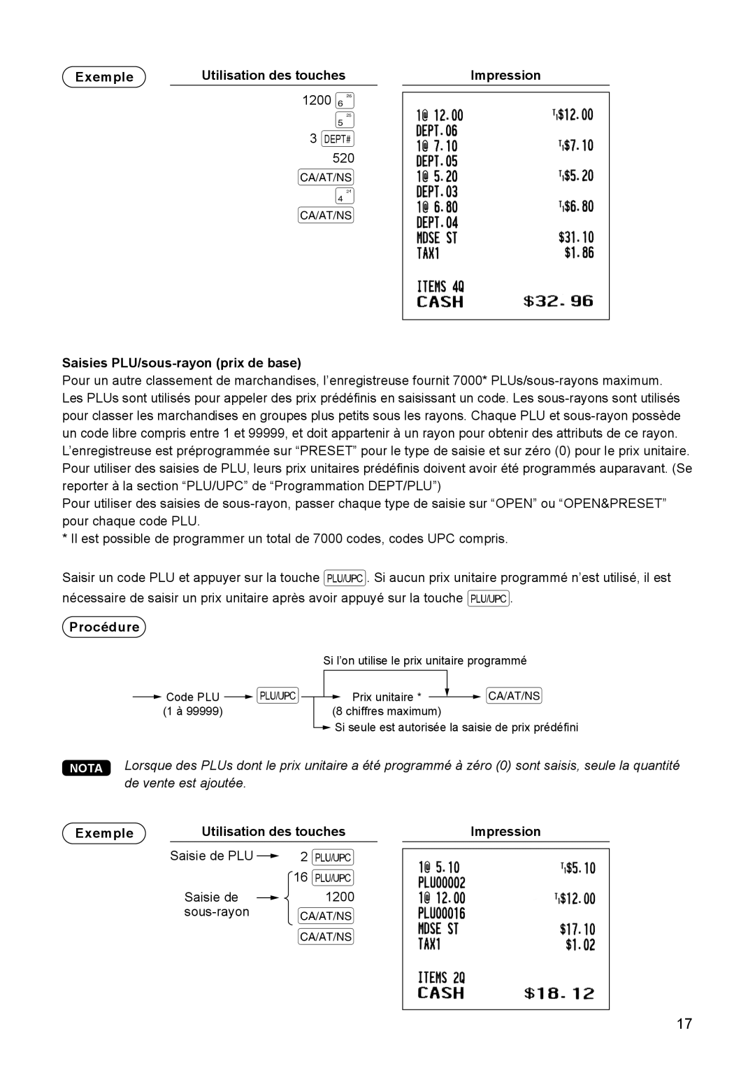 Sharp ER-A347A instruction manual Saisies PLU/sous-rayon prix de base, Exemple Utilisation des touches Impression 